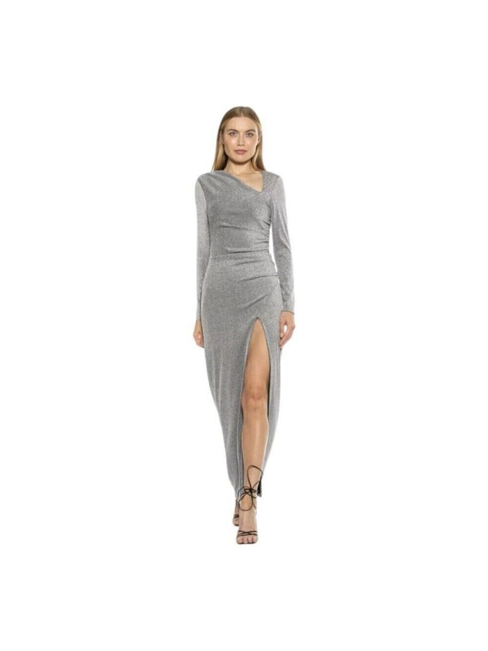 Alexis Admor Cutout Silver Ruched Shimmer Gown Size Small